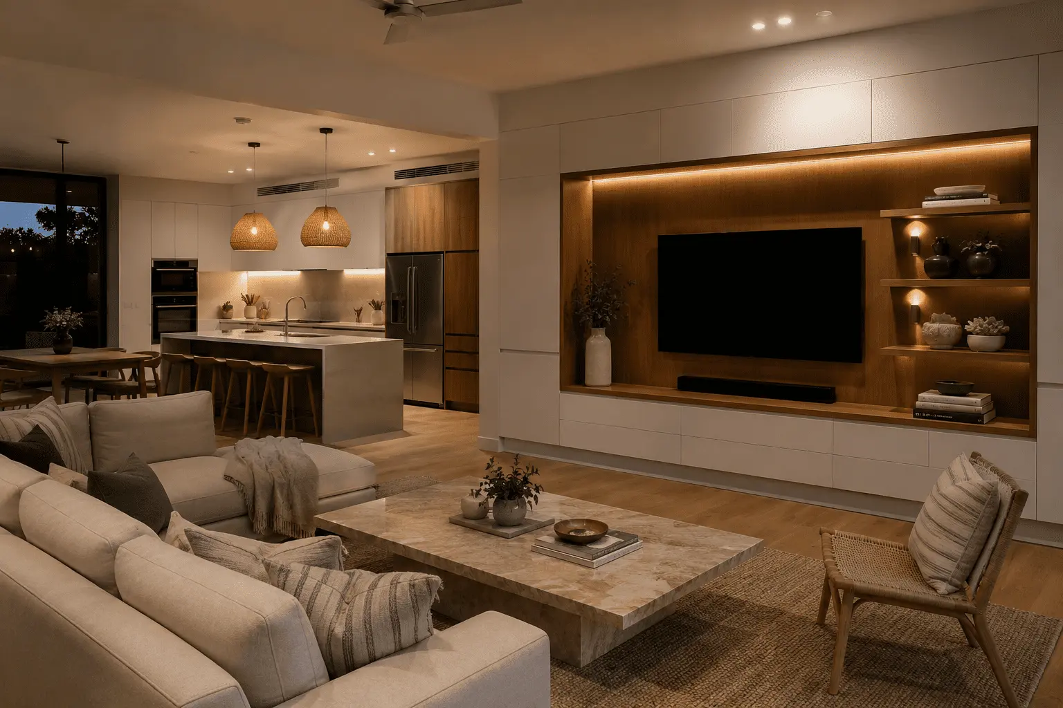 Custom cabinetry Geelong - open-plan kitchen with timber veneer cabinets and island bench alongside built-in entertainment unit with LED strip lighting, new builds Armstrong Creek and Charlemont