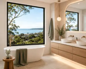 Coastal bathroom renovation Geelong - freestanding bath, timber floating vanity and ocean view typical of Surf Coast homes in Torquay, Barwon Heads and Ocean Grove